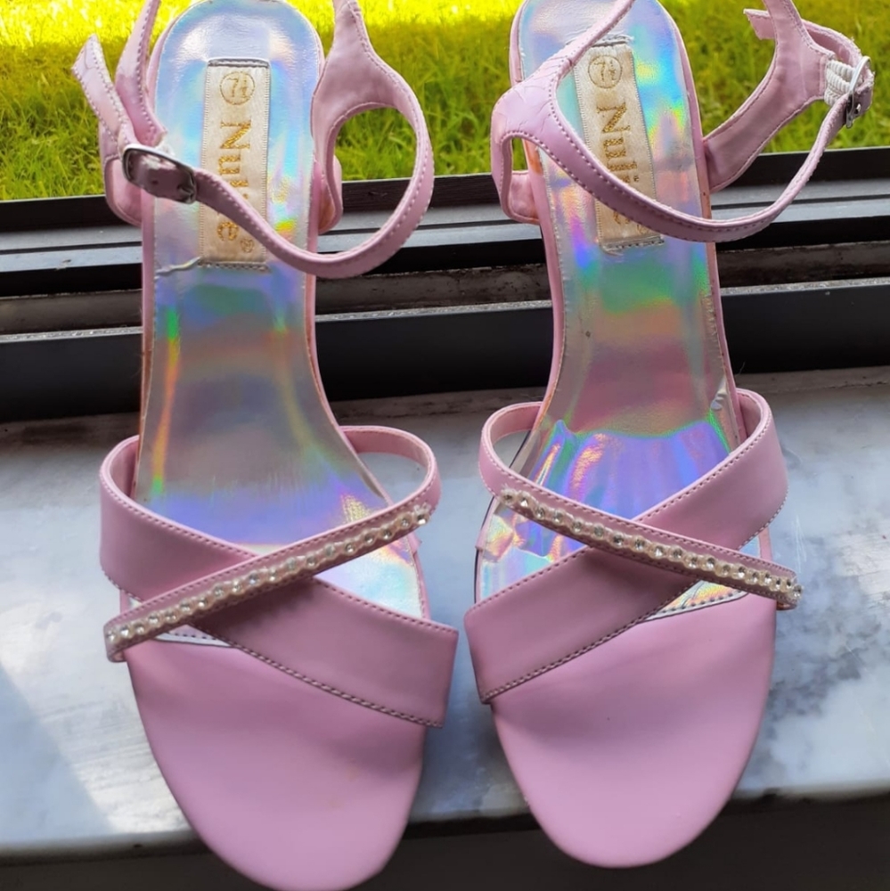 Pink open toe ankle strap heels